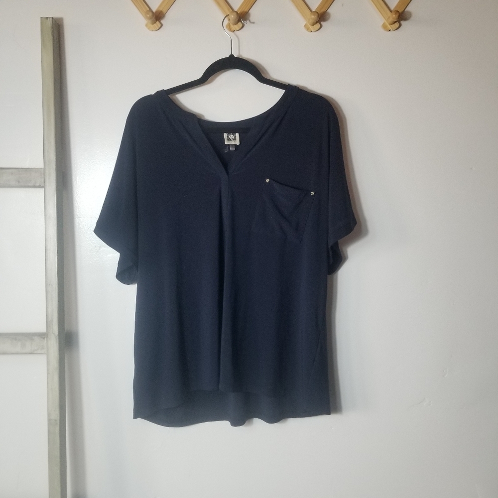 ANNE KLEIN WOMEN'S NAVY BLUE SHORT SLEEVE BLOUSE SIZE XL